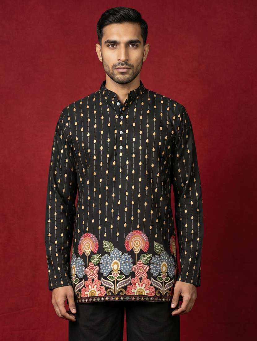 men printed mandarin neck short kurta - 22595949 -  Standard Image - 1