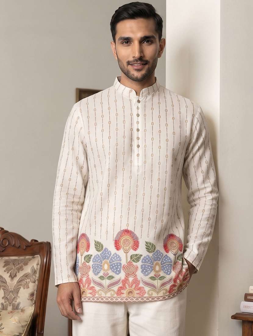 men printed mandarin neck short kurta