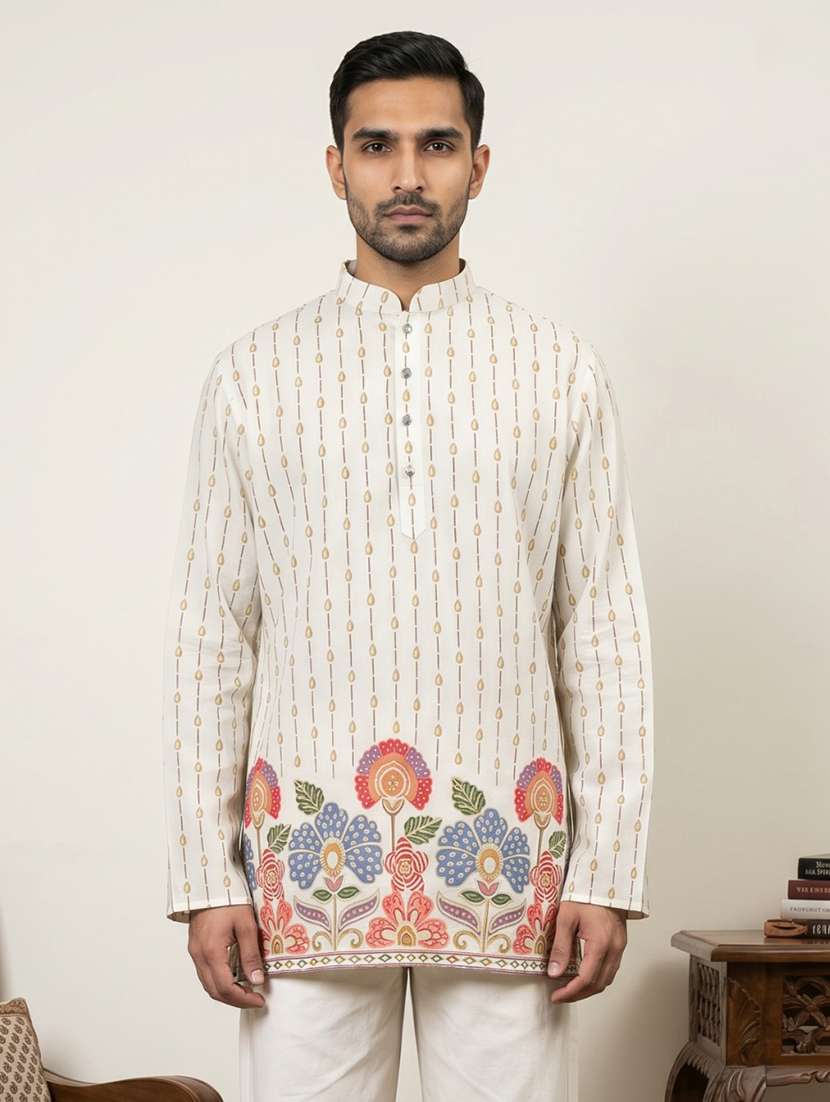 men printed mandarin neck short kurta - 22595950 -  Standard Image - 1