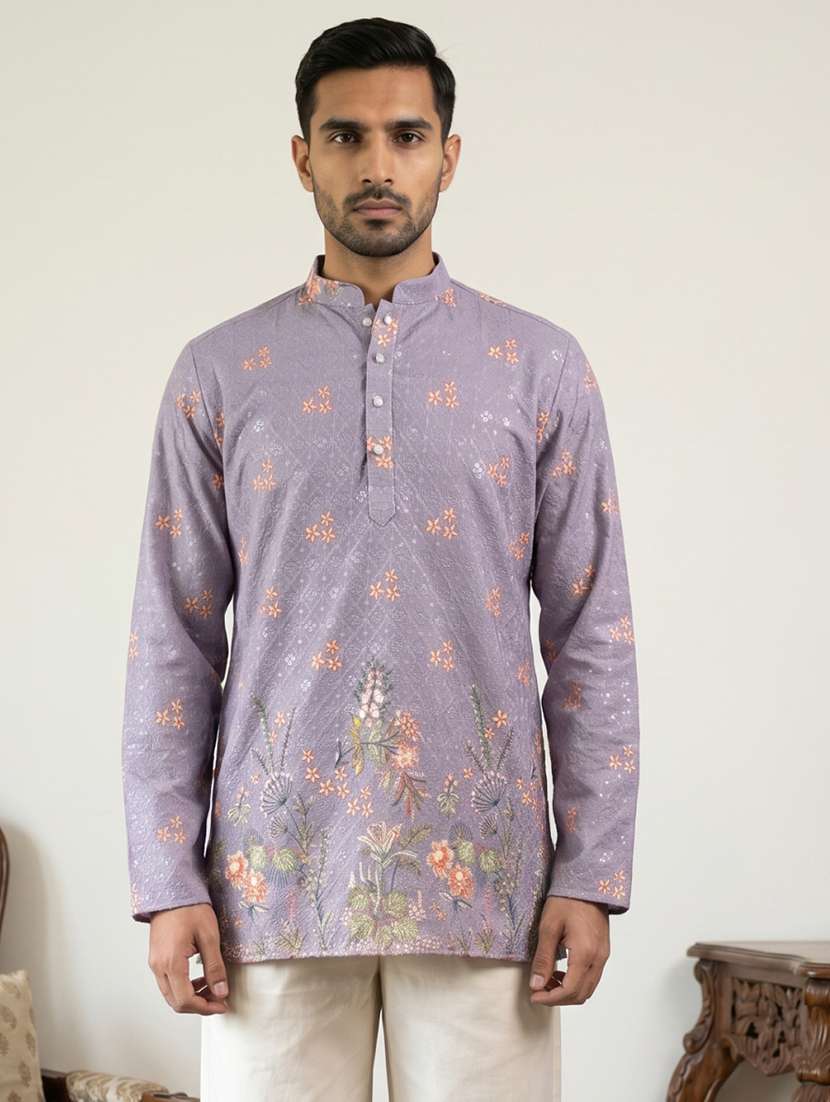 men printed mandarin neck short kurta - 22595952 -  Standard Image - 1