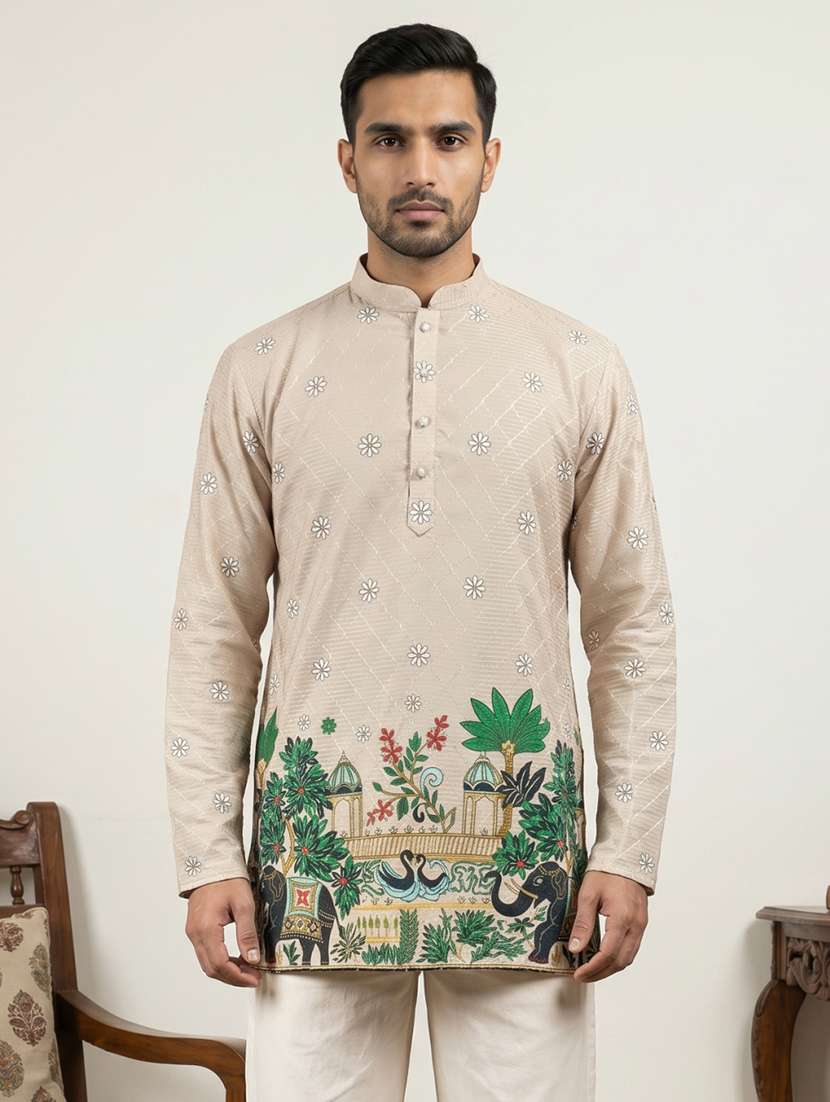 Men Printed Mandarin Neck Short Kurta - 22595958 -  Standard Image - 1