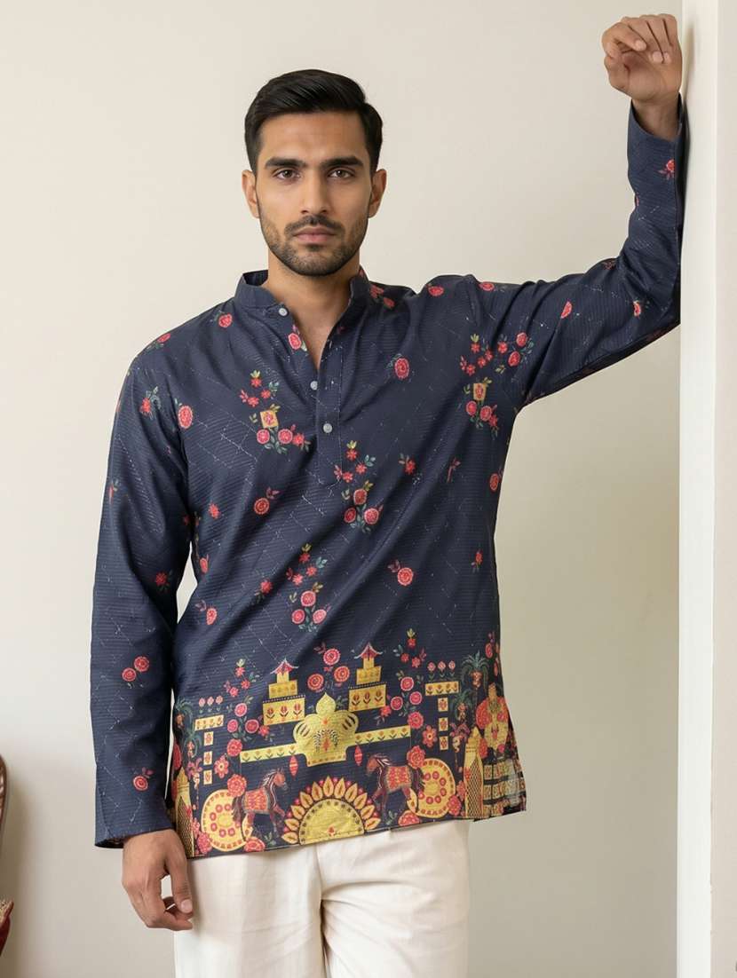 Men Printed Mandarin Neck Short Kurta - 22595959 -  Standard Image - 1