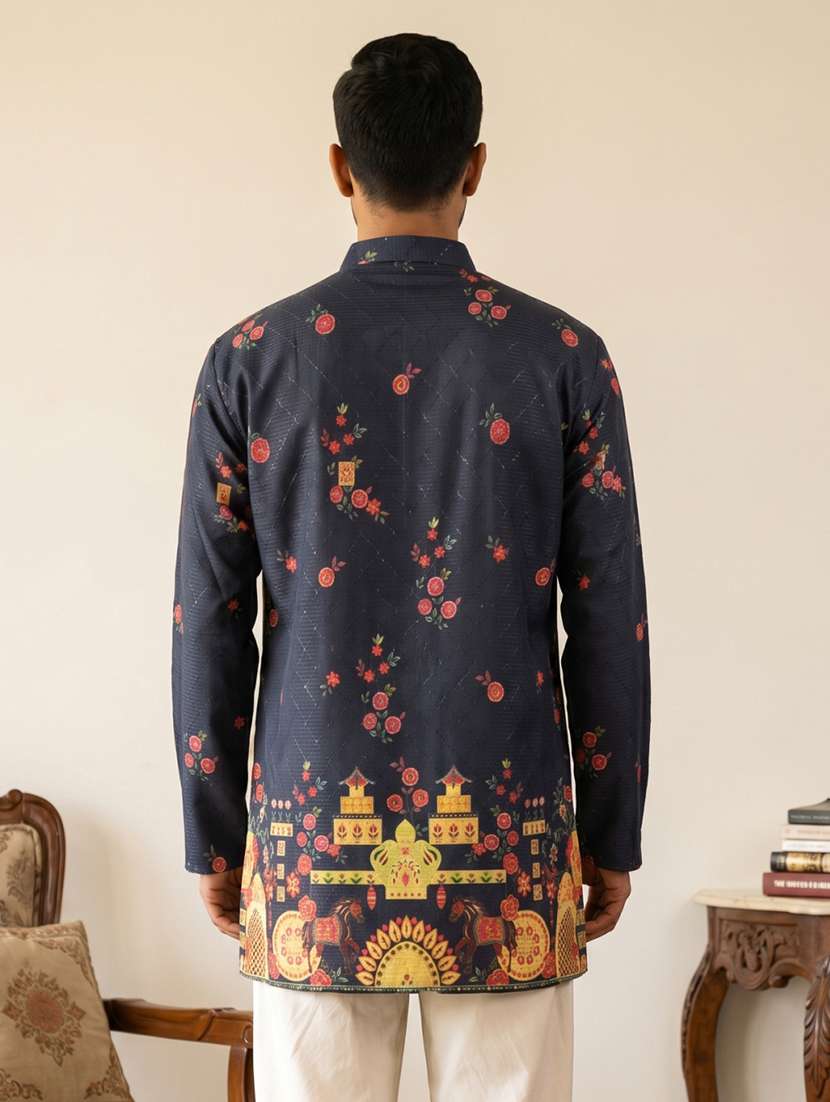 Men Printed Mandarin Neck Short Kurta - 22595959 -  Standard Image - 4