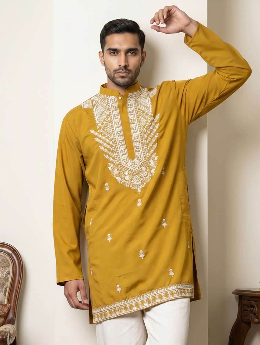men solid with work mandarin neck short kurta - 22595961 -  Standard Image - 1