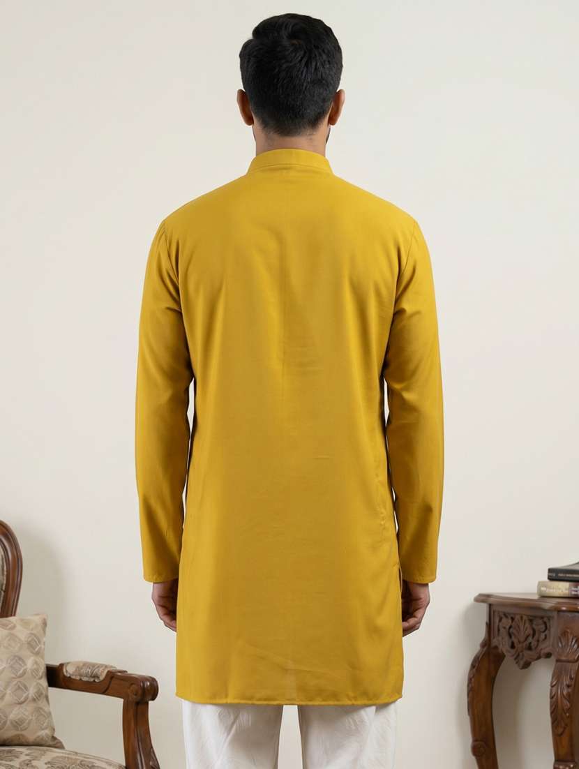 men solid with work mandarin neck short kurta - 22595961 -  Standard Image - 4