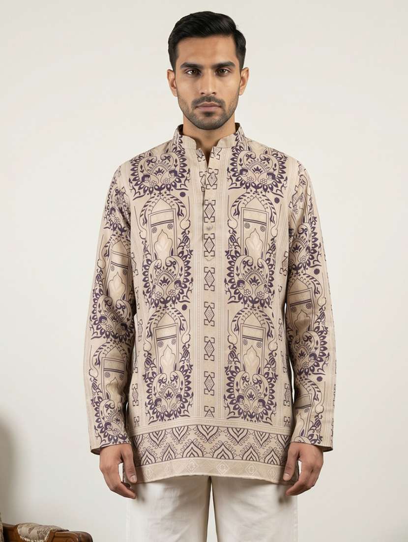 men printed mandarin neck short kurta - 22595962 -  Standard Image - 1