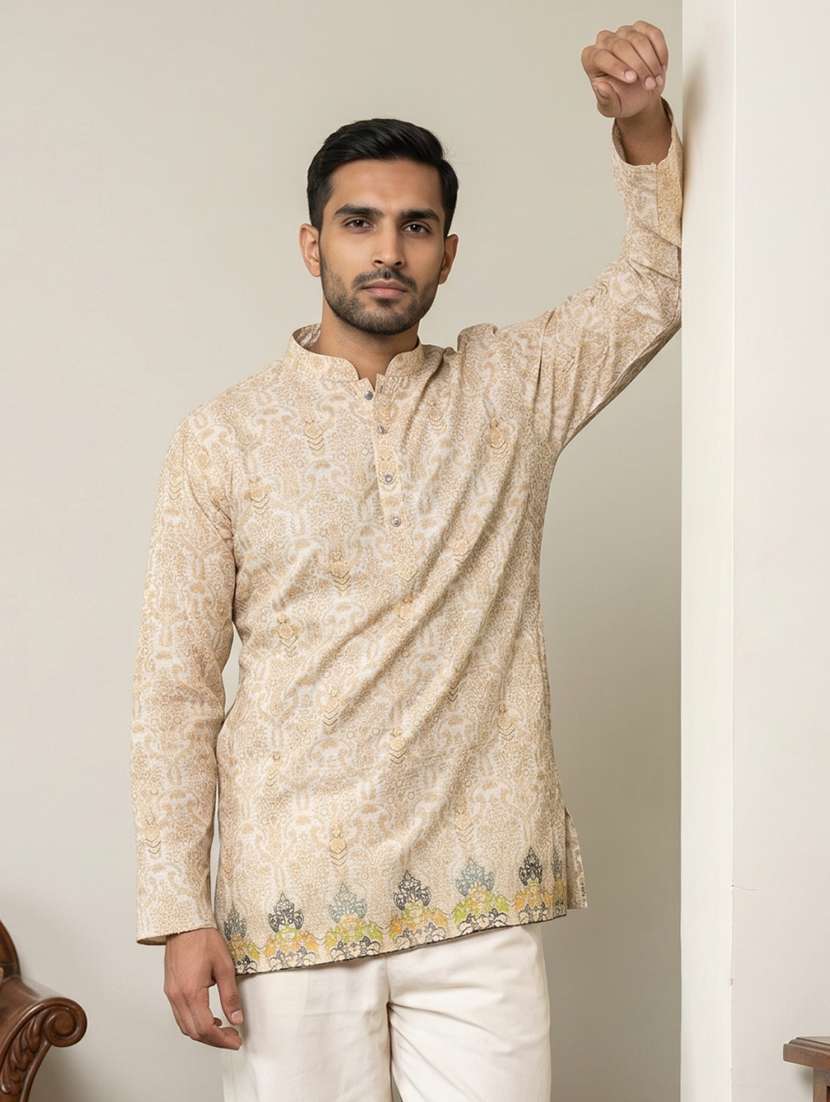 men printed mandarin neck short kurta - 22595965 -  Standard Image - 1