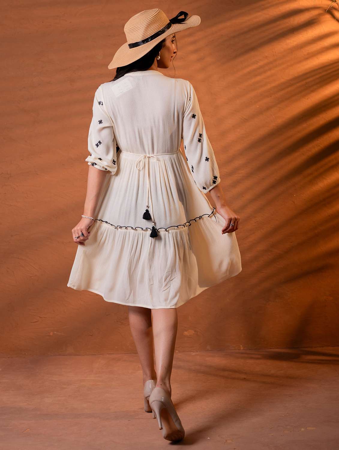 women embroidered three quarter sleeves tiered dress - 22595987 -  Standard Image - 4