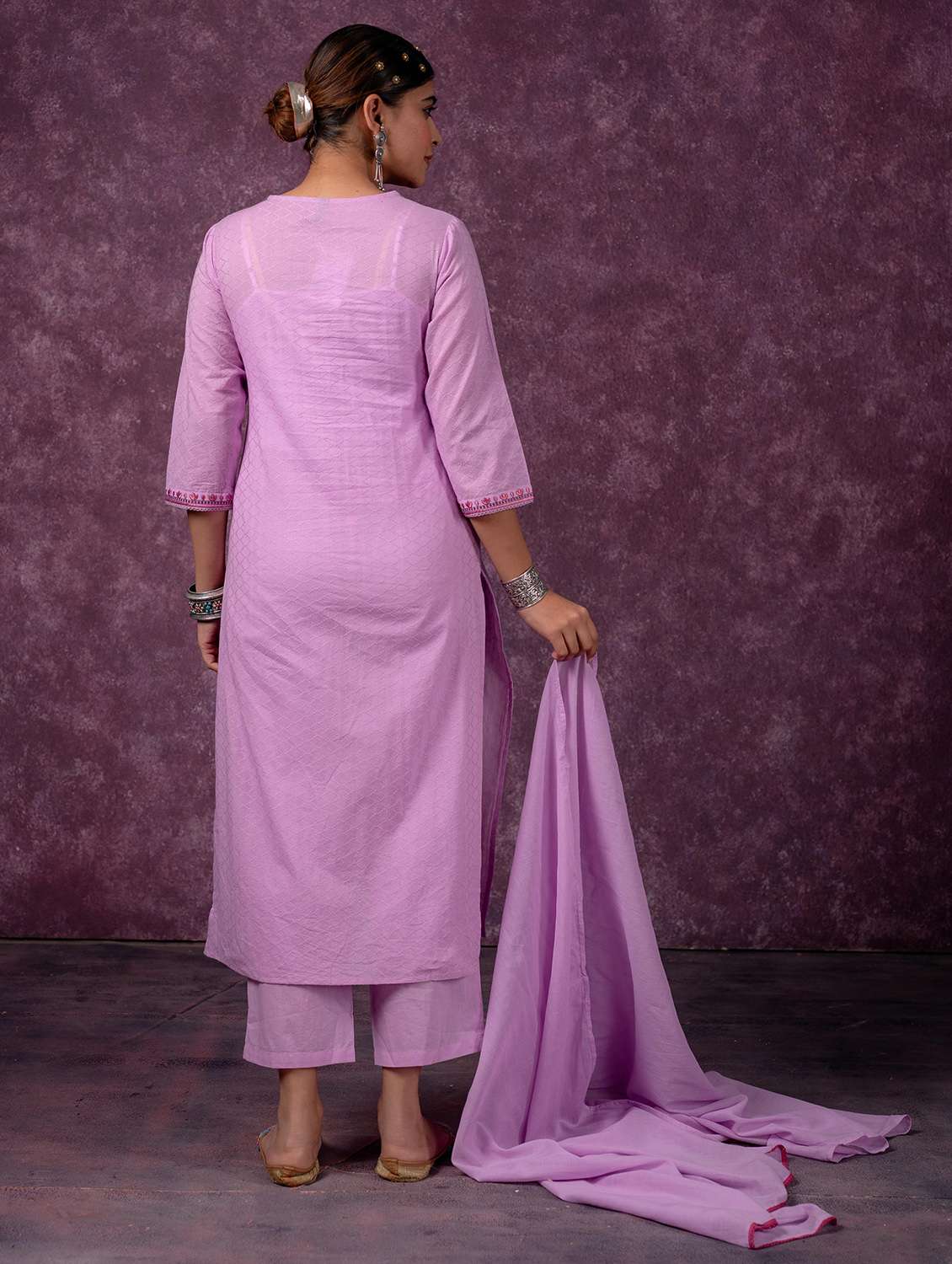 Women Self Design Three Quarter Sleeves Kurta Pant Set With Dupatta - 22596007 -  Standard Image - 1