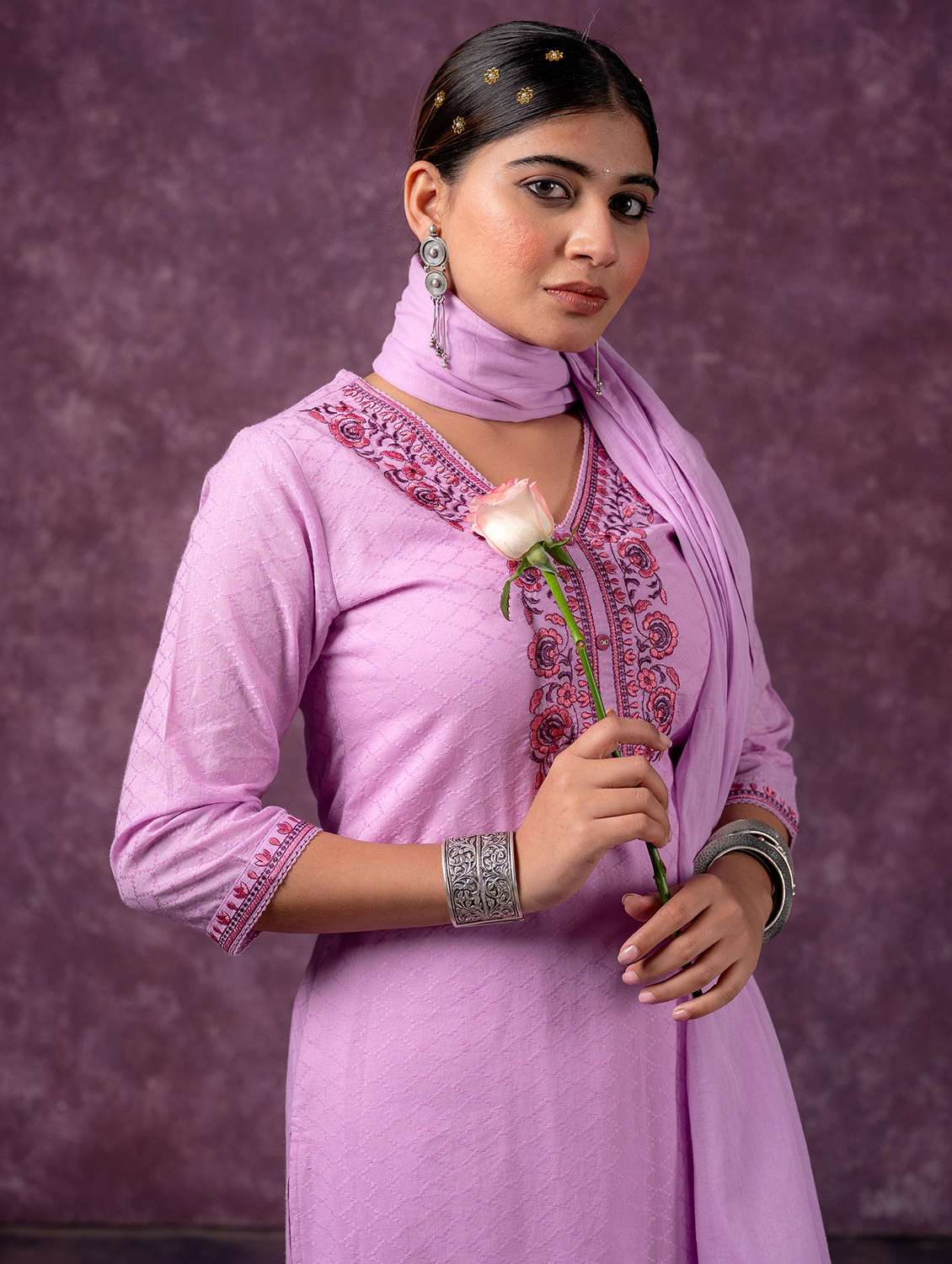 Women Self Design Three Quarter Sleeves Kurta Pant Set With Dupatta - 22596007 -  Standard Image - 4