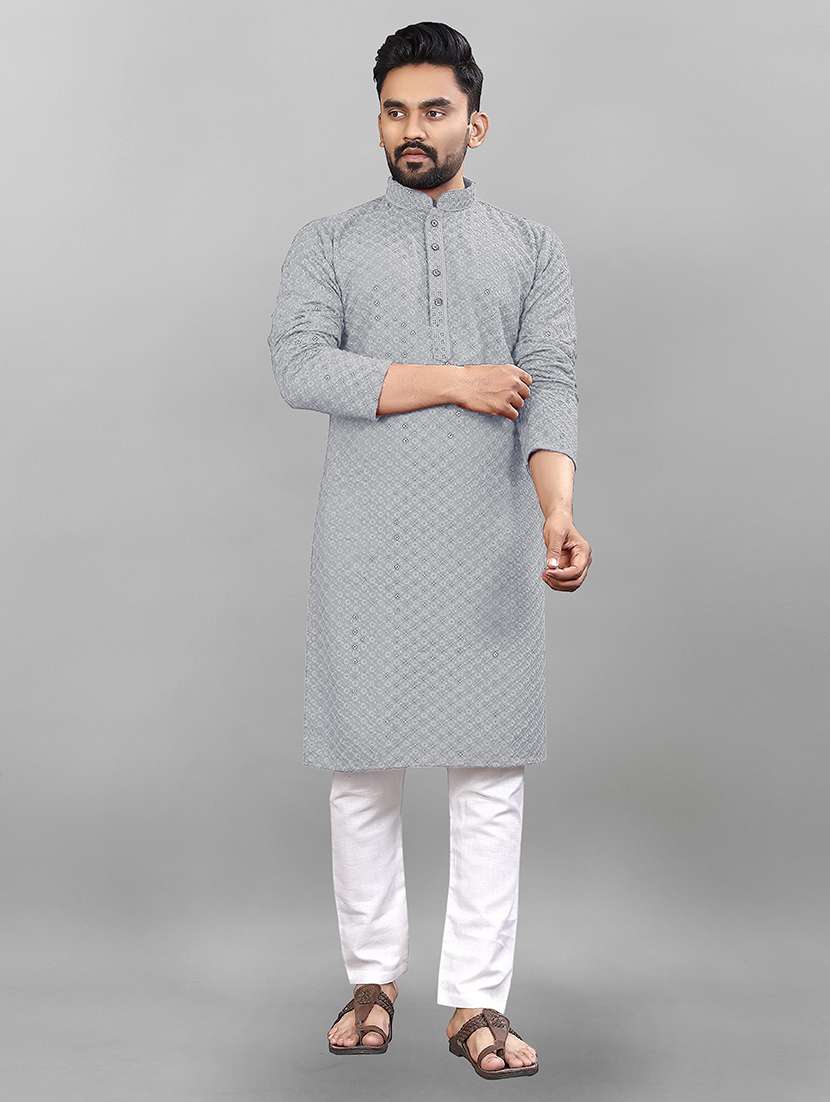men solid with work mandarin neck kurta pyjama set