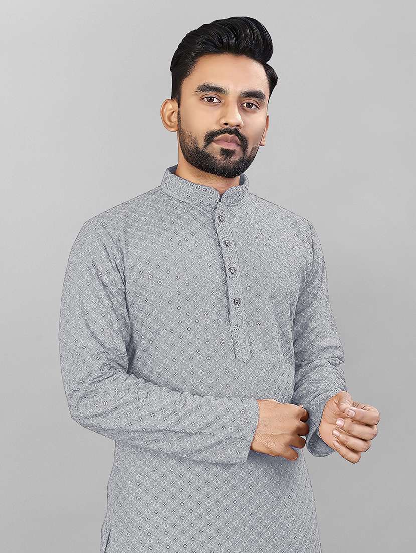 Men Solid With Work Mandarin Neck Kurta Pyjama Set - 22596561 -  Standard Image - 1