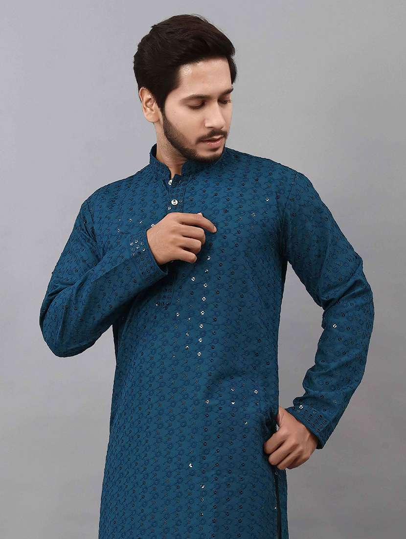 Men Solid With Work Mandarin Neck Kurta Pyjama Set - 22596601 -  Standard Image - 1