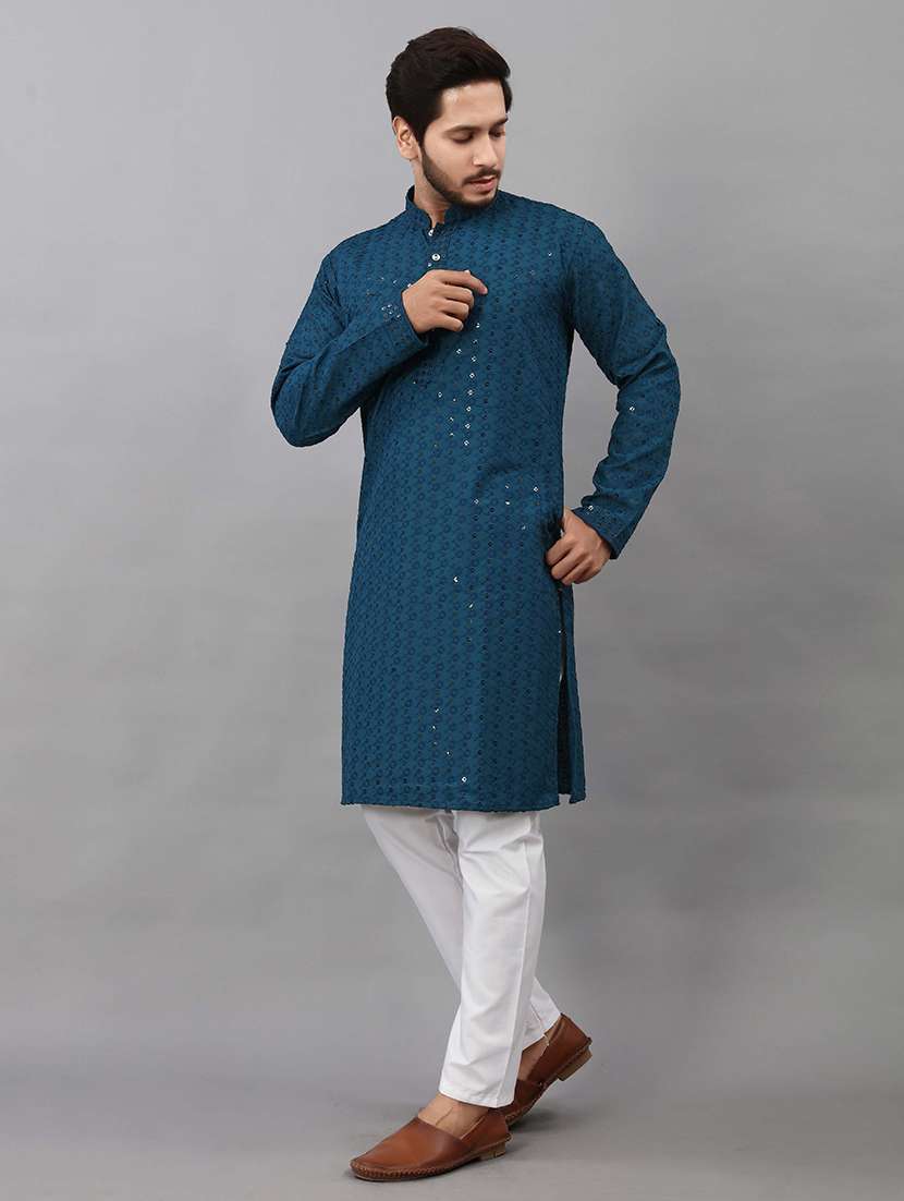 Men Solid With Work Mandarin Neck Kurta Pyjama Set - 22596601 -  Standard Image - 4