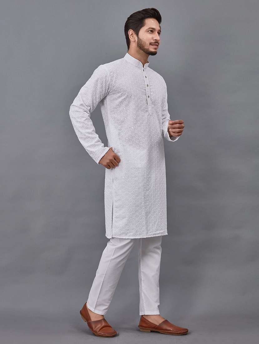 Men Solid With Work Mandarin Neck Kurta Pyjama Set - 22596602 -  Standard Image - 4