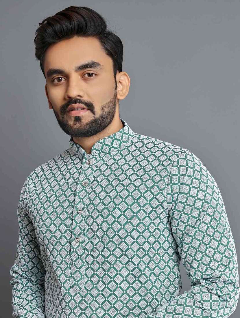 men solid with work mandarin neck long kurta - 22596666 -  Standard Image - 1