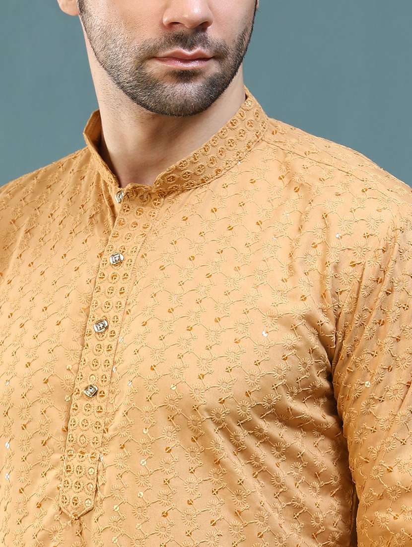 men solid with work mandarin neck long kurta - 22596686 -  Standard Image - 1