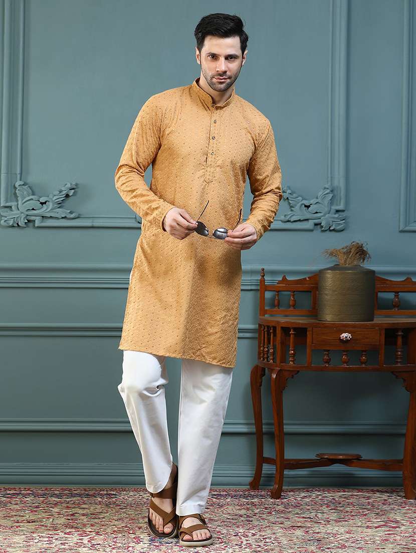 men solid with work mandarin neck long kurta - 22596686 -  Standard Image - 4