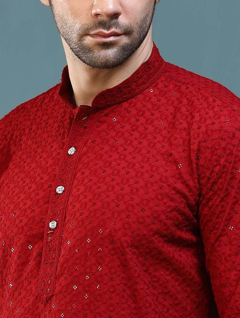Men Solid With Work Mandarin Neck Long Kurta - 22596691 -  Standard Image - 1