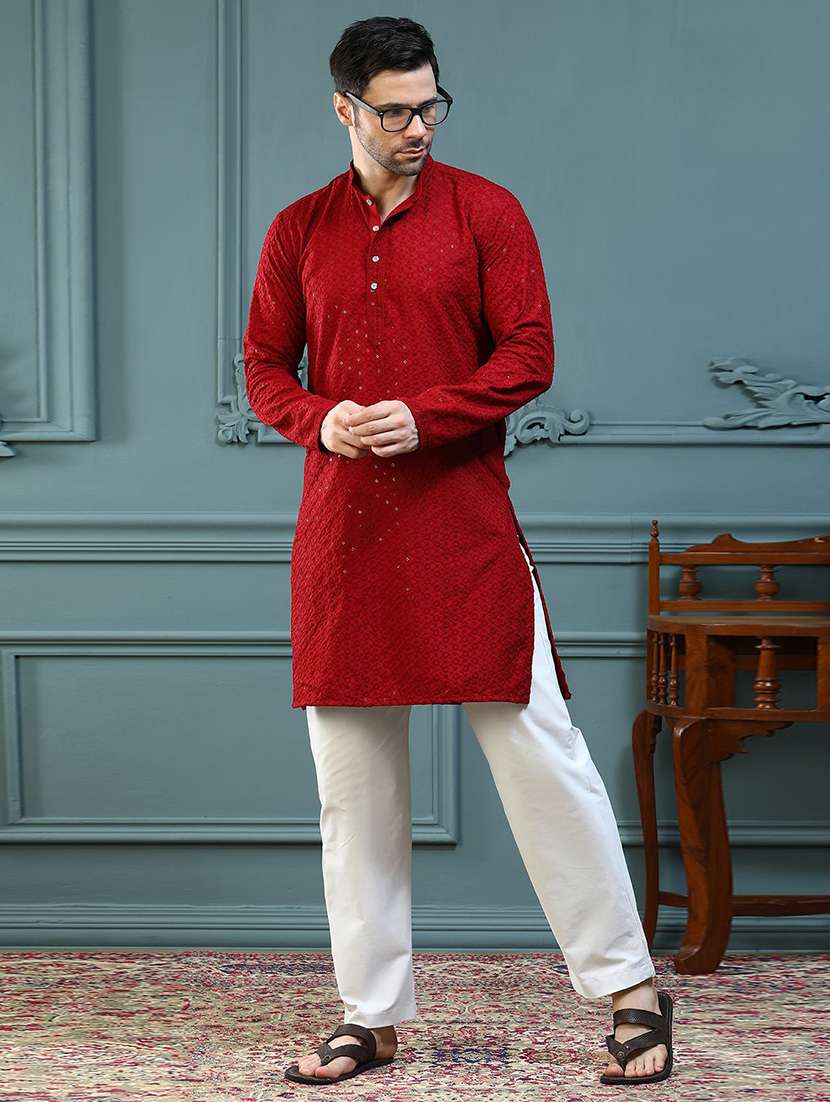Men Solid With Work Mandarin Neck Long Kurta - 22596691 -  Standard Image - 4