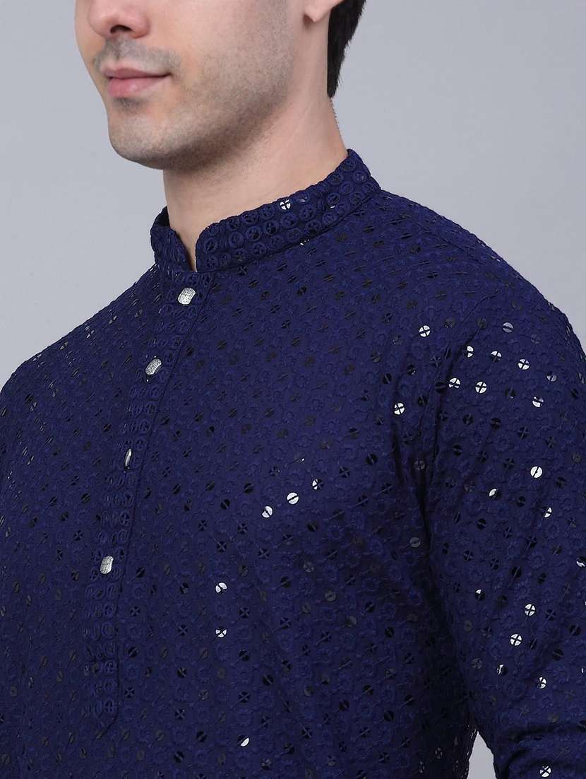 men solid with work mandarin neck long kurta - 22596706 -  Standard Image - 1