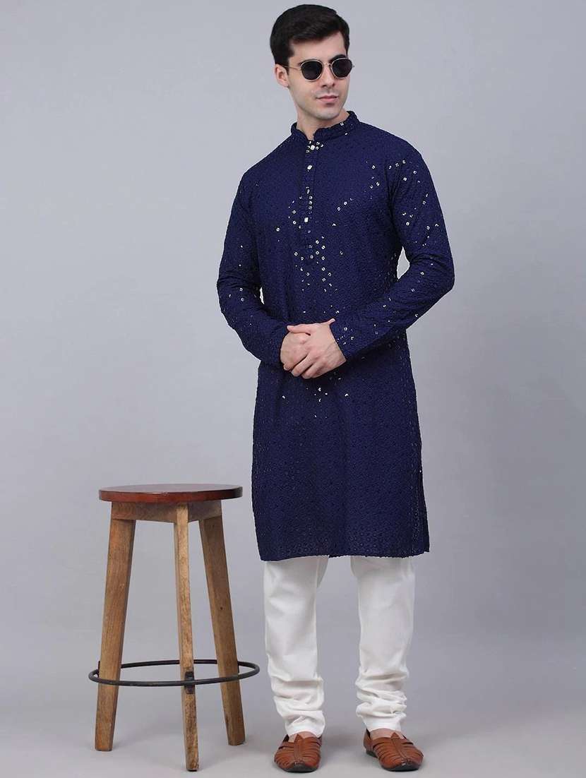 men solid with work mandarin neck long kurta - 22596706 -  Standard Image - 4