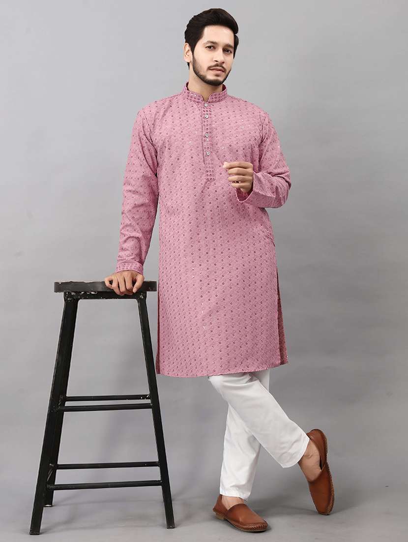 men solid with work mandarin neck long kurta