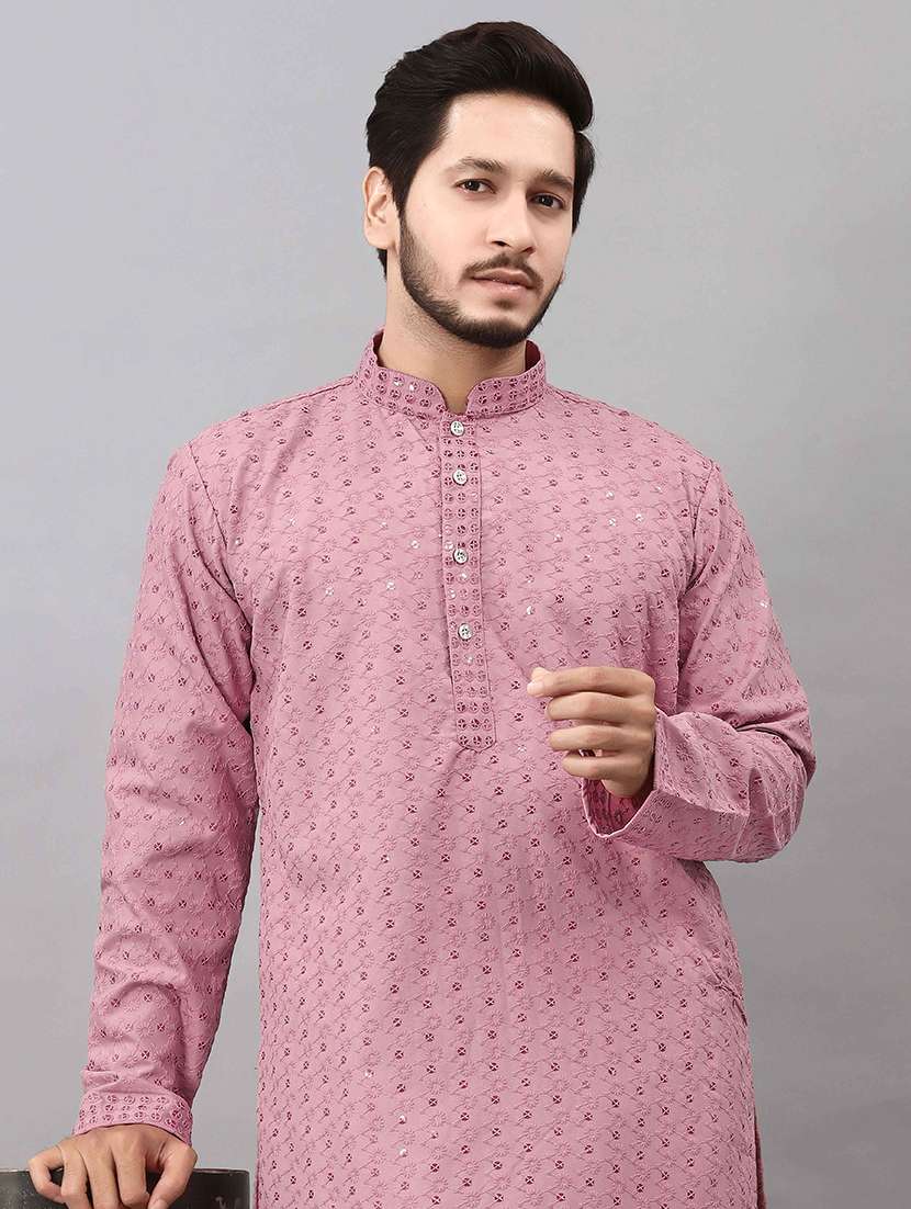 men solid with work mandarin neck long kurta - 22596724 -  Standard Image - 1