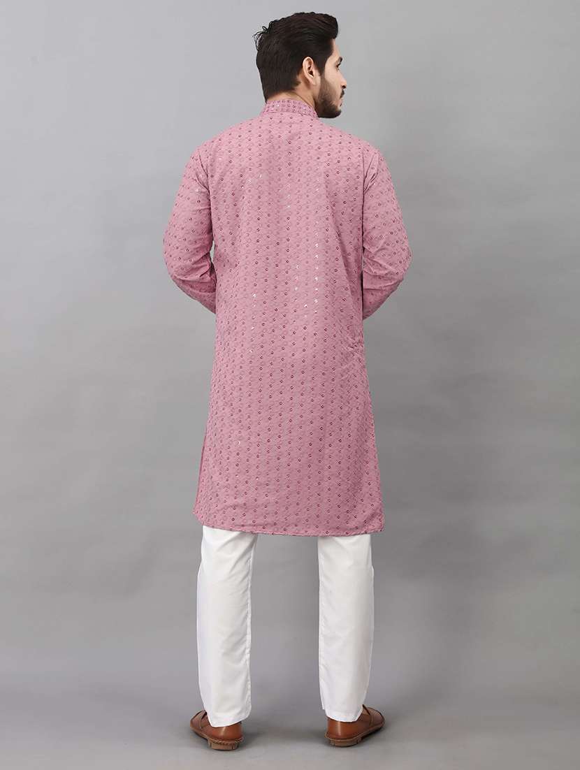men solid with work mandarin neck long kurta - 22596724 -  Standard Image - 4