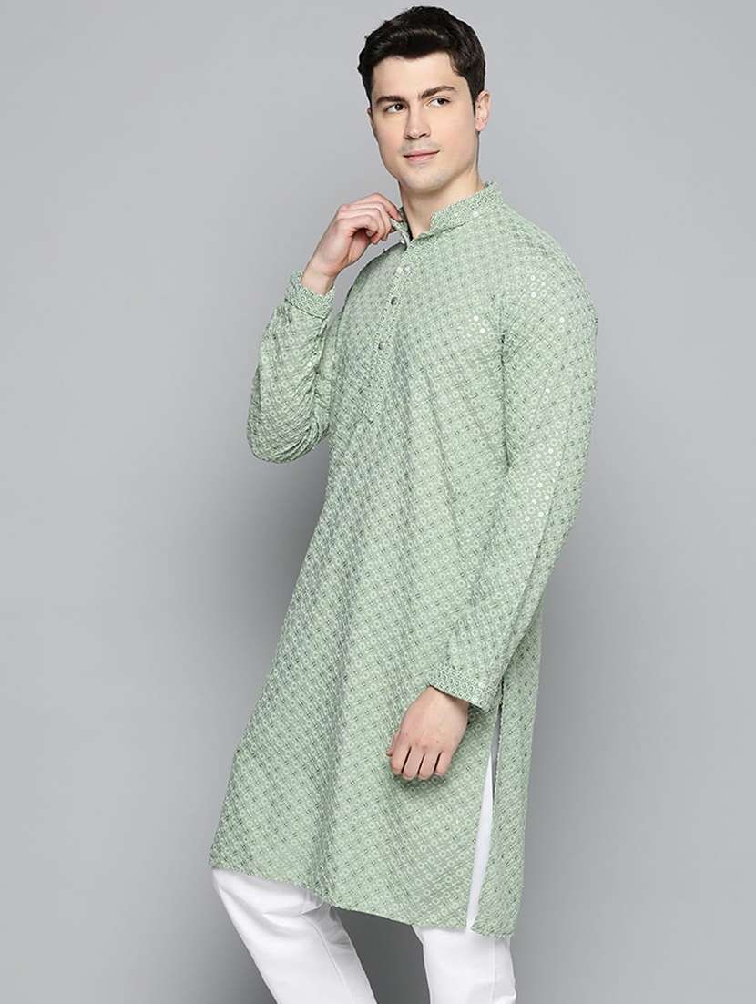 Men Solid With Work Mandarin Neck Long Kurta - 22596742 -  Standard Image - 1