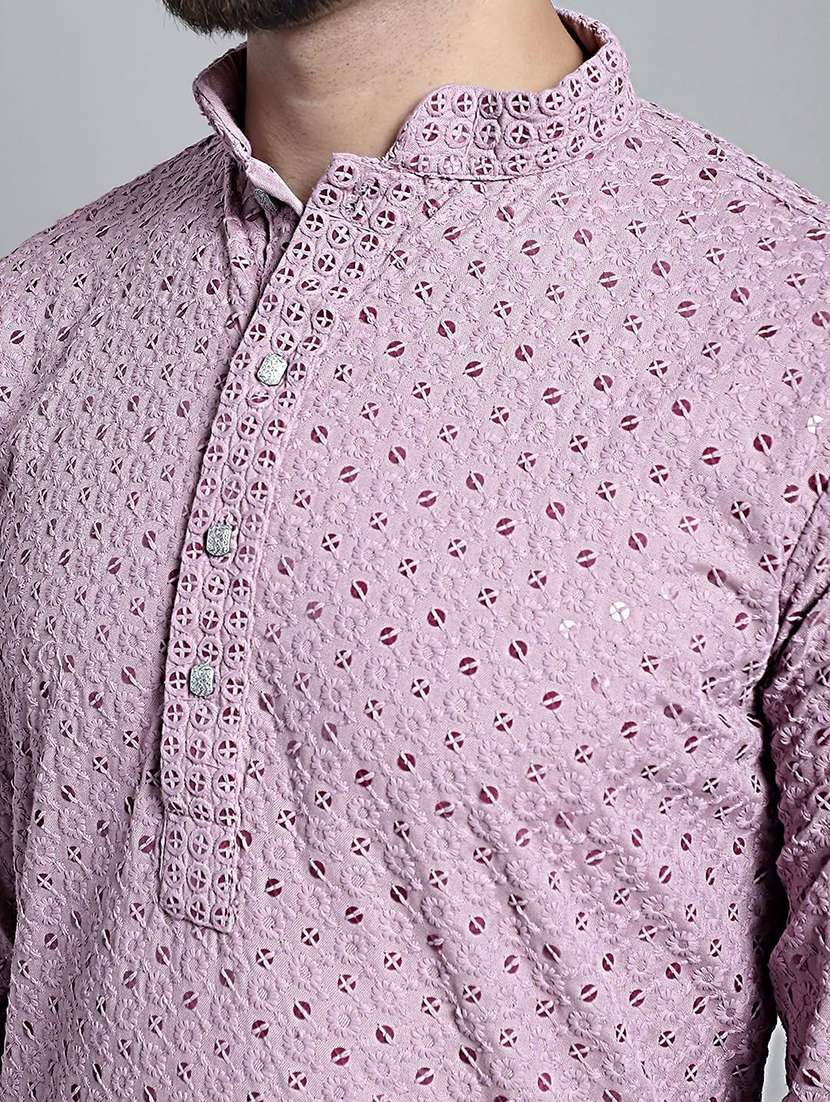 men solid with work mandarin neck long kurta - 22596743 -  Standard Image - 1