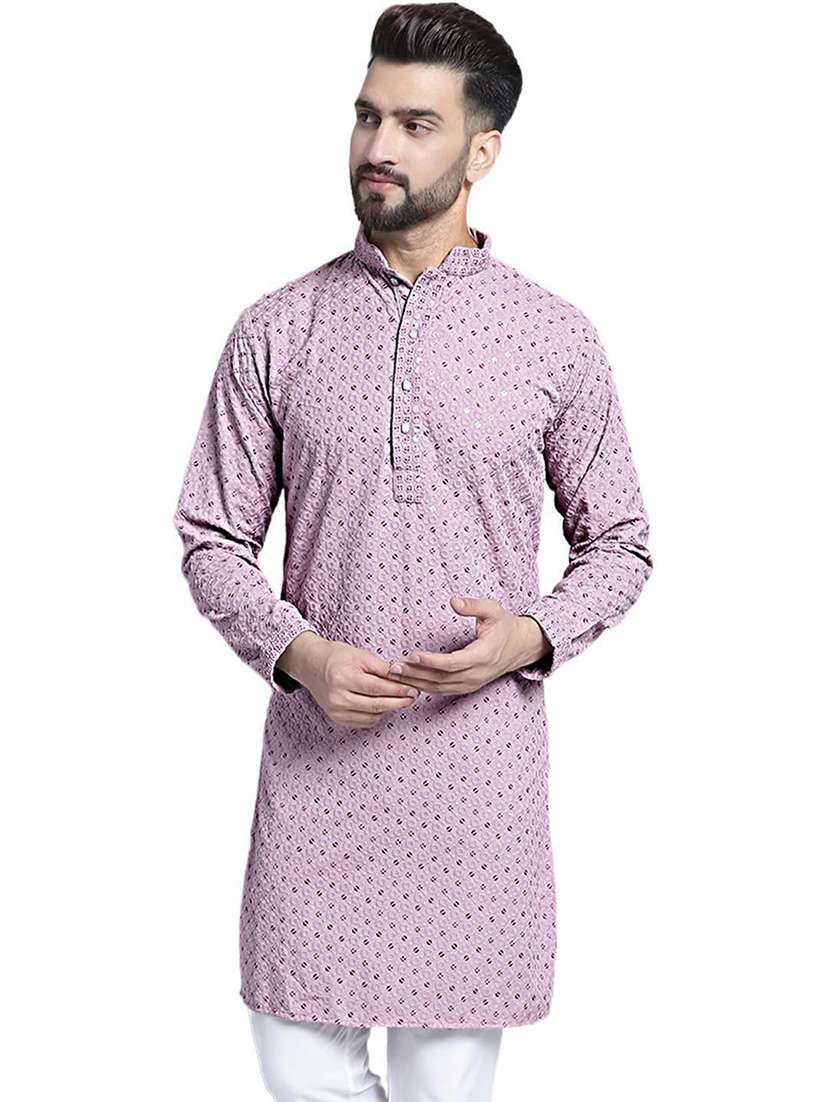 men solid with work mandarin neck long kurta - 22596743 -  Standard Image - 4