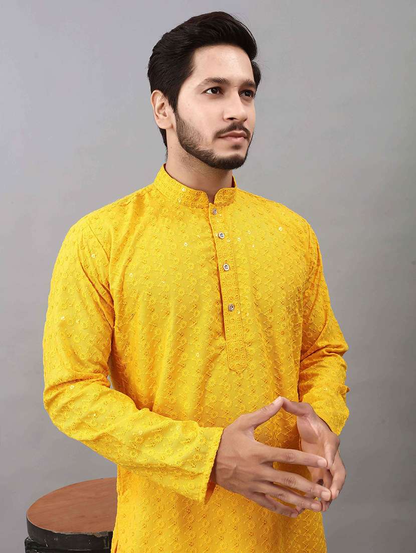 men solid with work mandarin neck long kurta - 22596746 -  Standard Image - 1