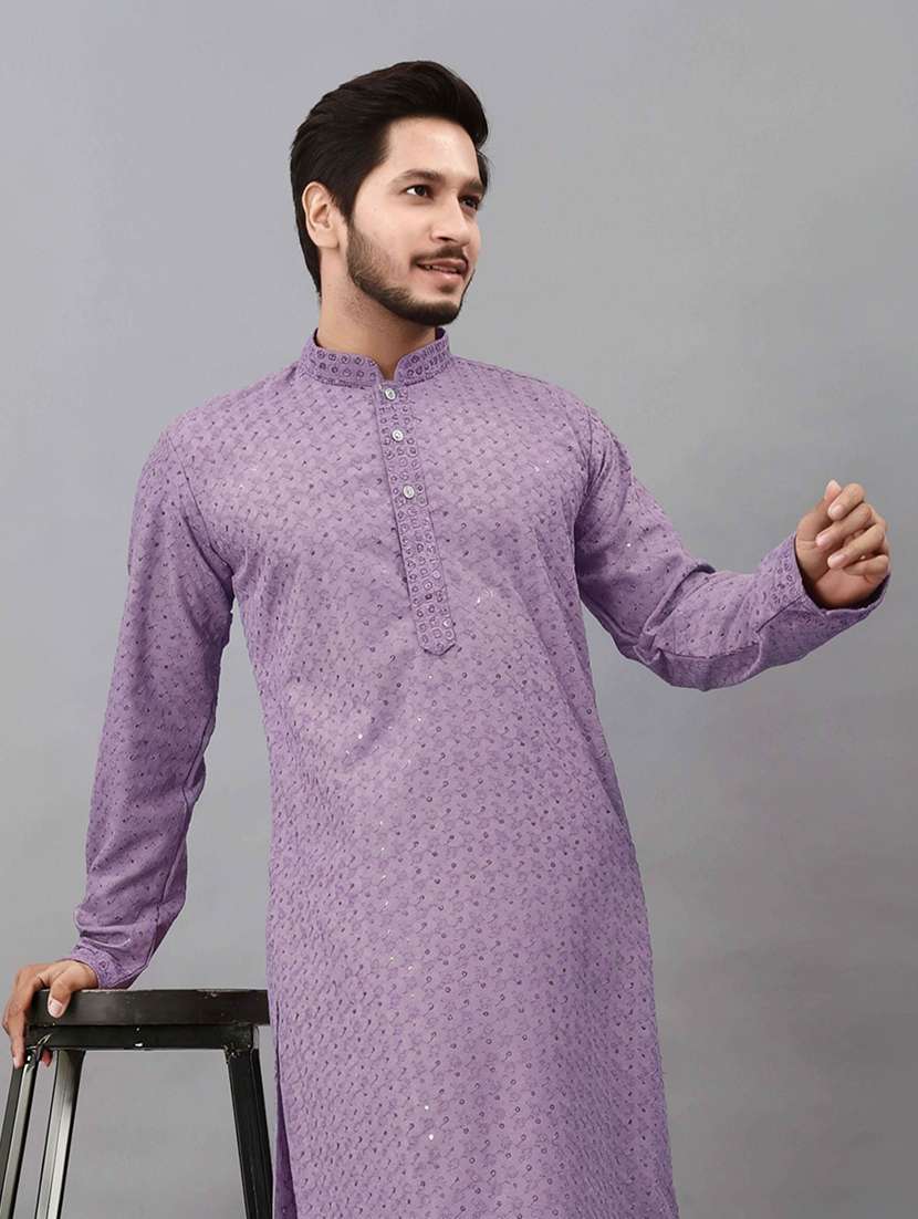 men solid with work mandarin neck long kurta - 22596747 -  Standard Image - 1