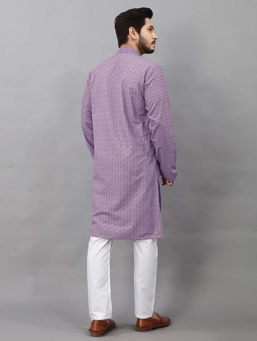 men solid with work mandarin neck long kurta - 22596747 -  Standard Image - 4