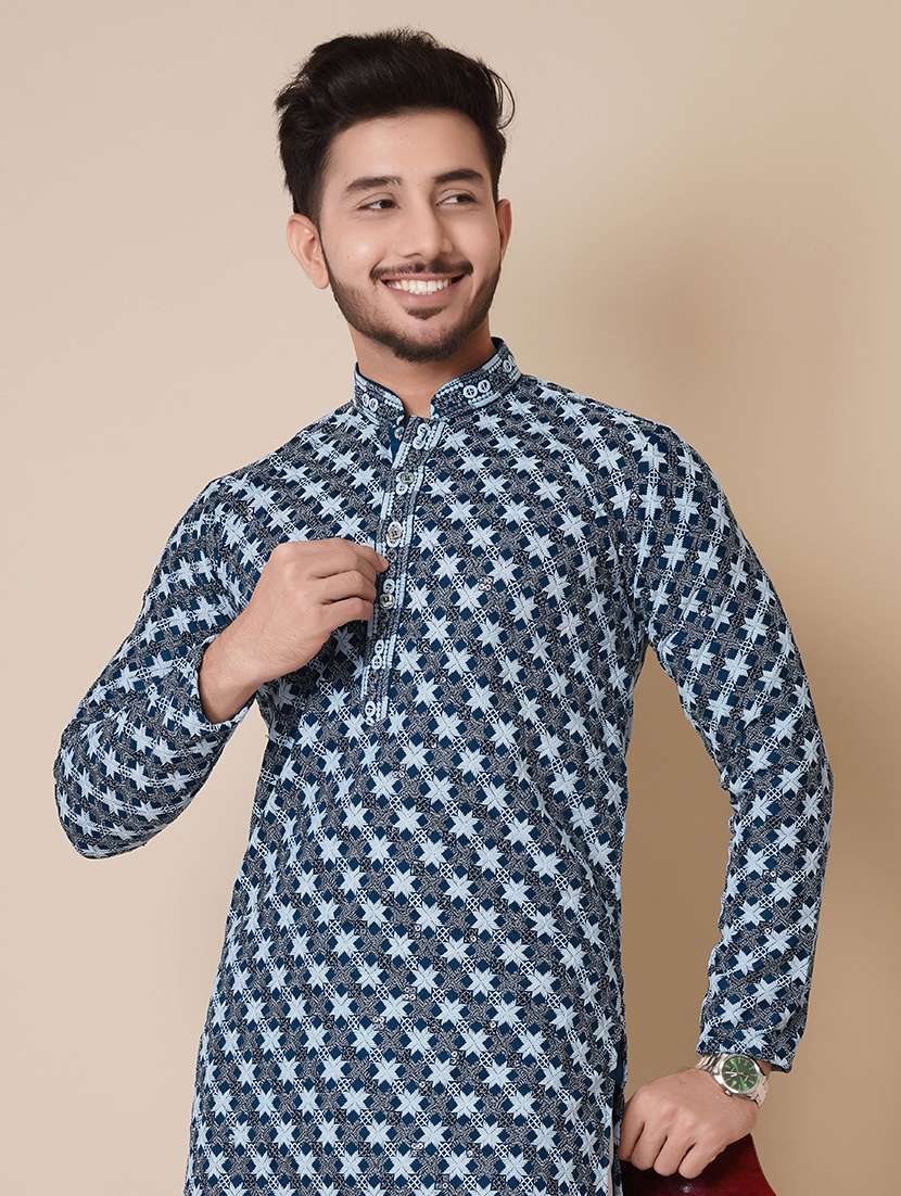 men solid with work mandarin neck long kurta - 22596748 -  Standard Image - 1