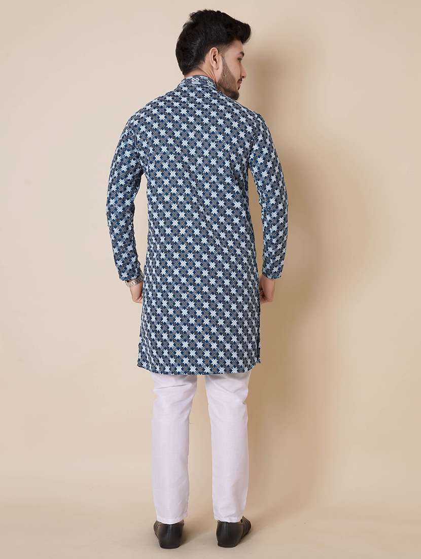 men solid with work mandarin neck long kurta - 22596748 -  Standard Image - 4