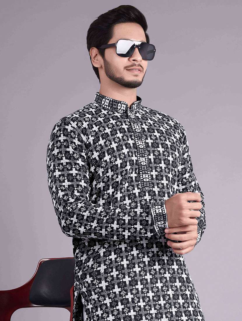 men solid with work mandarin neck long kurta - 22596749 -  Standard Image - 1