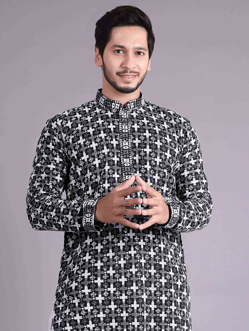 men solid with work mandarin neck long kurta - 22596749 -  Standard Image - 4