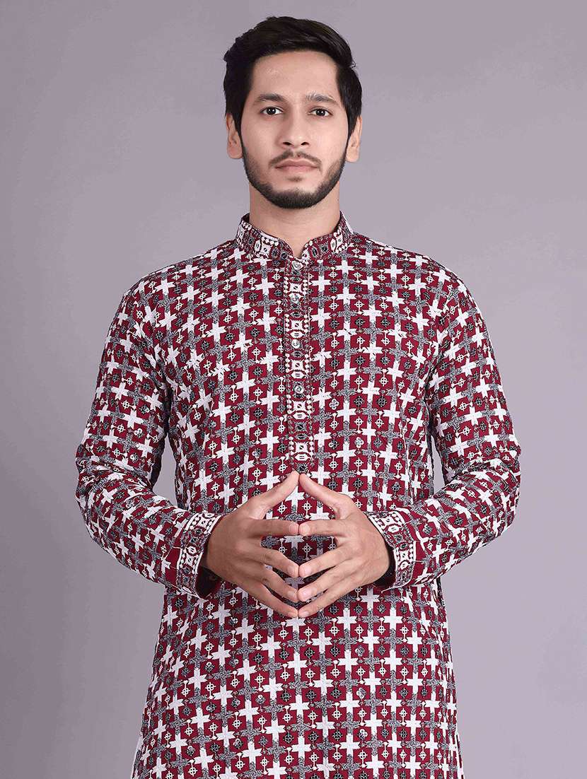men solid with work mandarin neck long kurta - 22596750 -  Standard Image - 1
