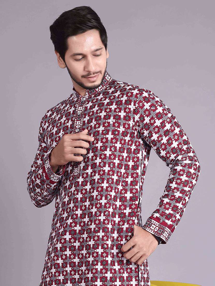 men solid with work mandarin neck long kurta - 22596750 -  Standard Image - 4