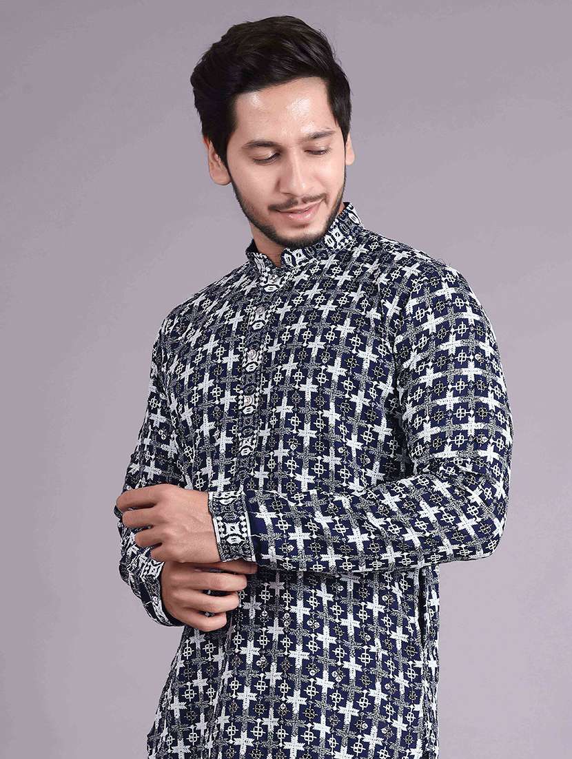 men solid with work mandarin neck long kurta - 22596751 -  Standard Image - 1
