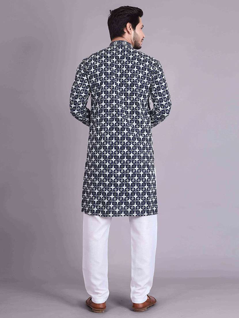 men solid with work mandarin neck long kurta - 22596751 -  Standard Image - 4