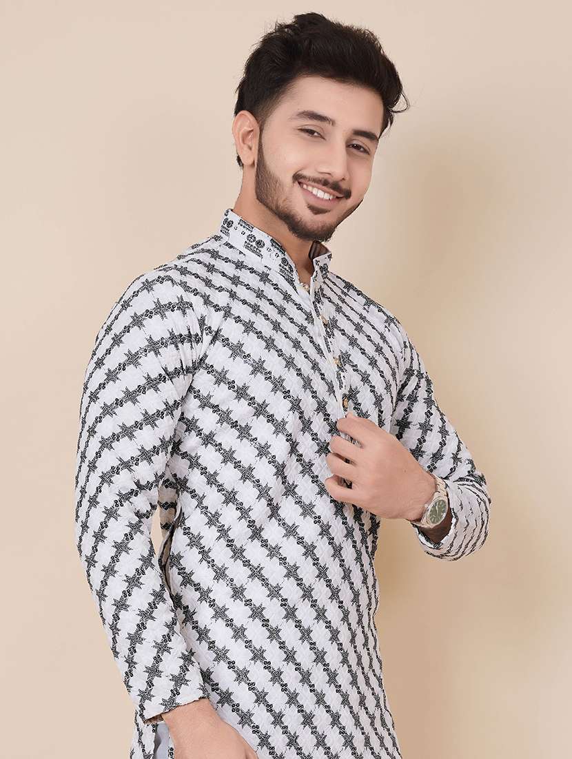 men solid with work mandarin neck long kurta - 22596752 -  Standard Image - 1