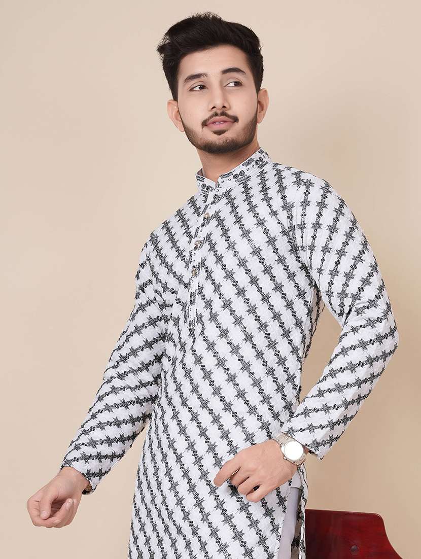 men solid with work mandarin neck long kurta - 22596752 -  Standard Image - 4