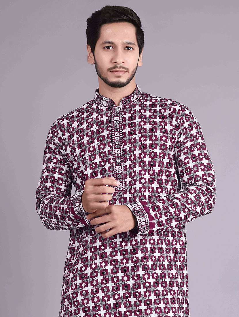 men solid with work mandarin neck long kurta - 22596753 -  Standard Image - 1
