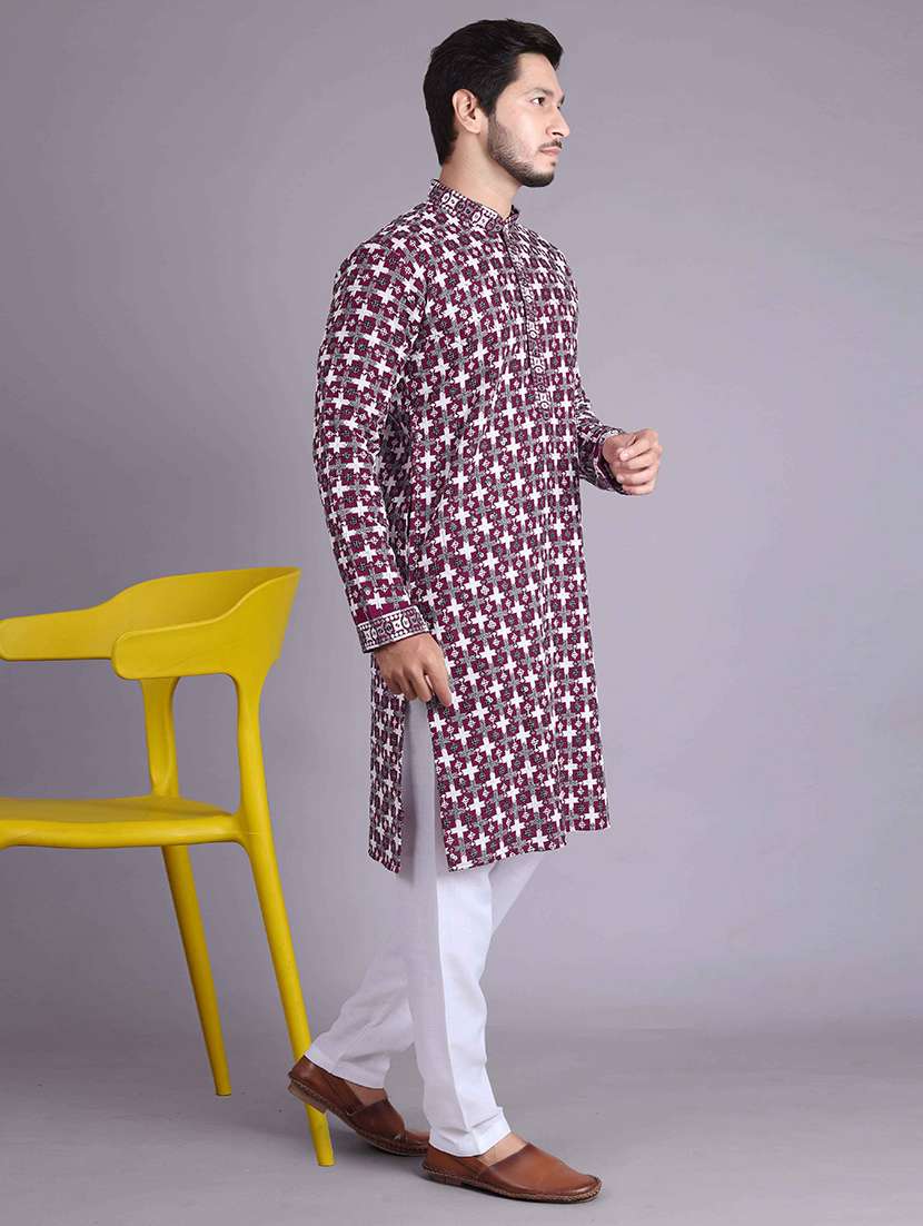 men solid with work mandarin neck long kurta - 22596753 -  Standard Image - 4