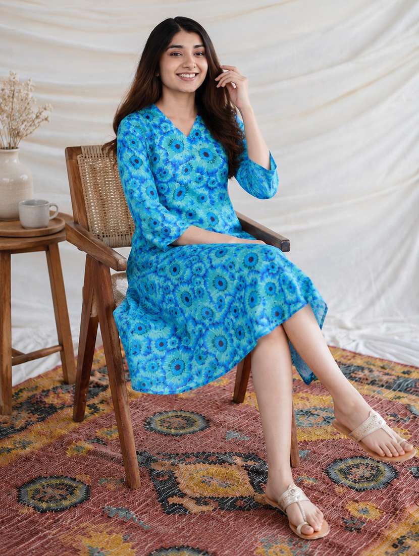 women printed three quarter sleeves a-line dress