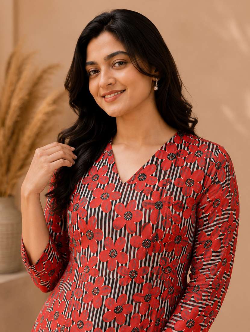 women printed three quarter sleeves fit and flare dress - 22596996 -  Standard Image - 1
