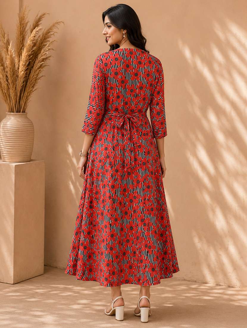 women printed three quarter sleeves fit and flare dress - 22596996 -  Standard Image - 4